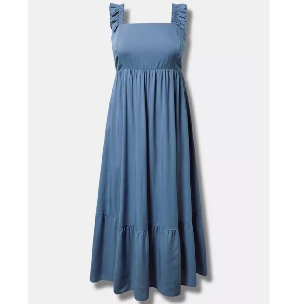 NWT Torrid Blue Maxi Challis Ruffle Strap Tiered Dress w/Pockets Size 1X - Picture 1 of 12